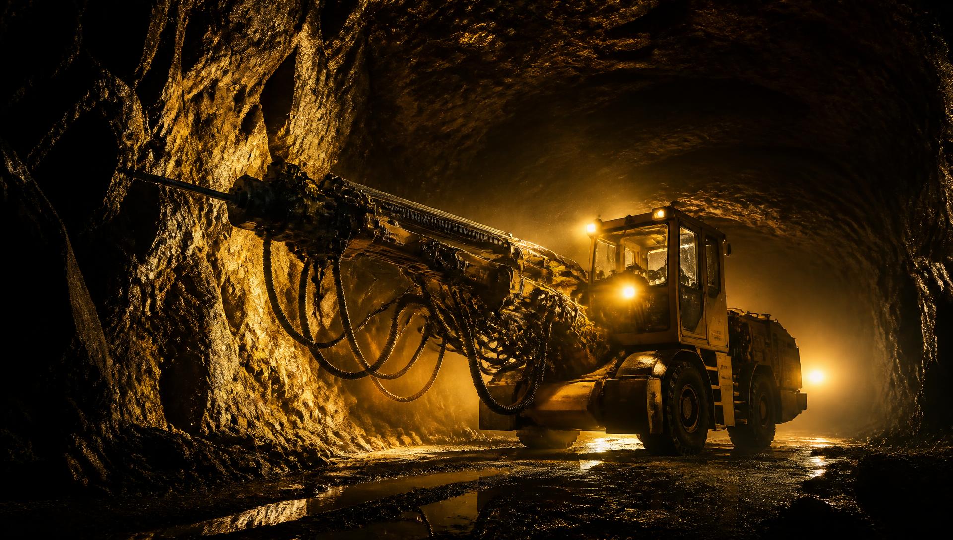 Trackless jumbo drill rig operating in an underground mine tunnel