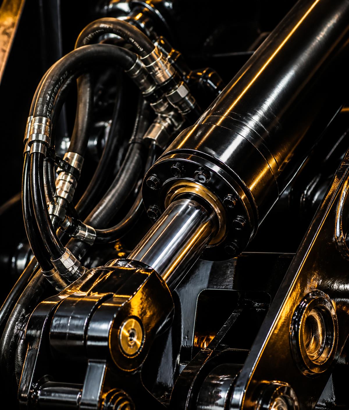 Hydraulic cylinders and heavy-duty hoses on mining machinery