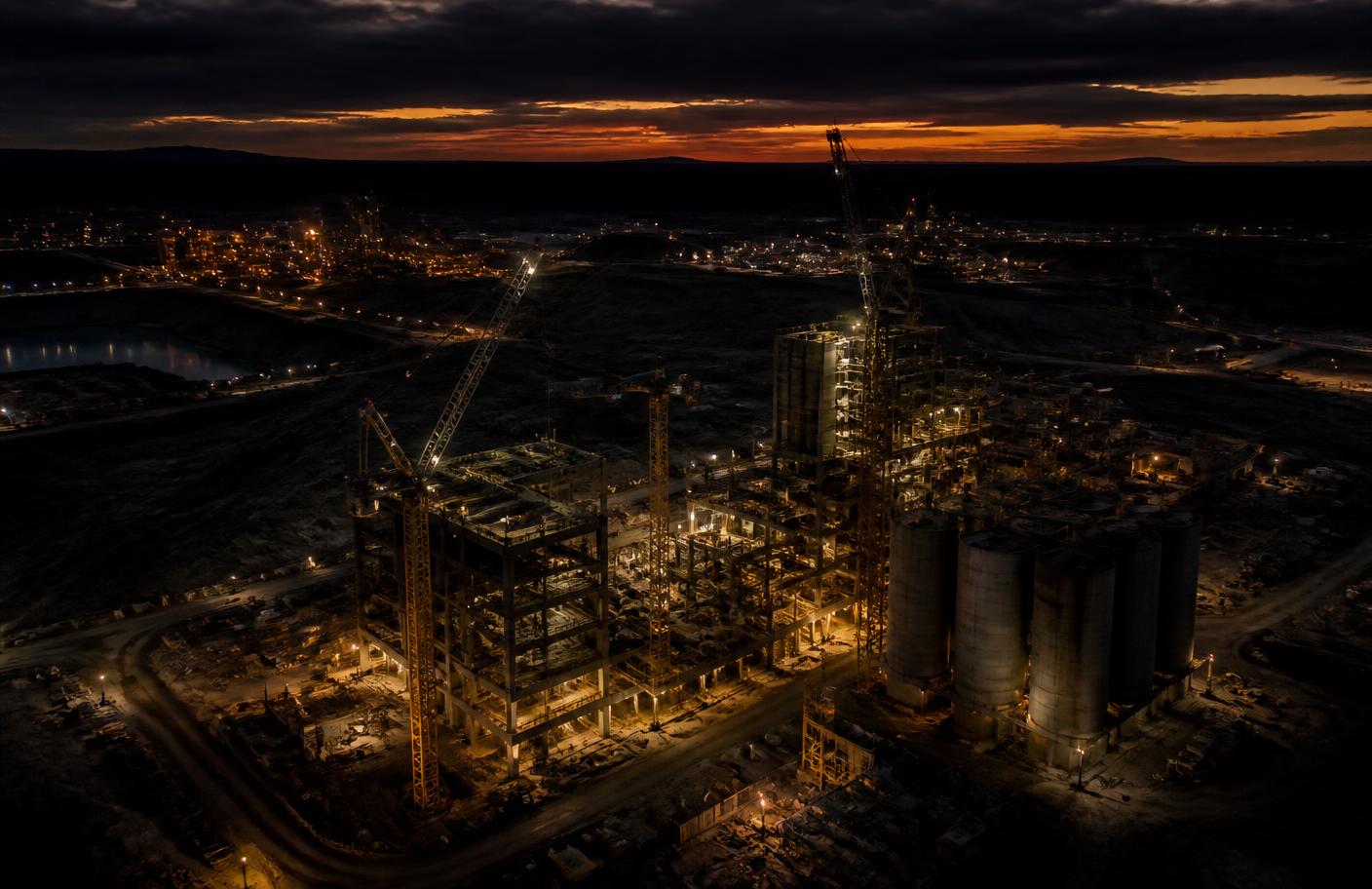 Industrial mining and concrete plant construction site at dusk